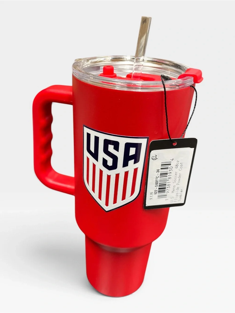 Logo Brands Soccer 40 oz Tumbler with Handle - Powder Coated-Stainless Steel wit